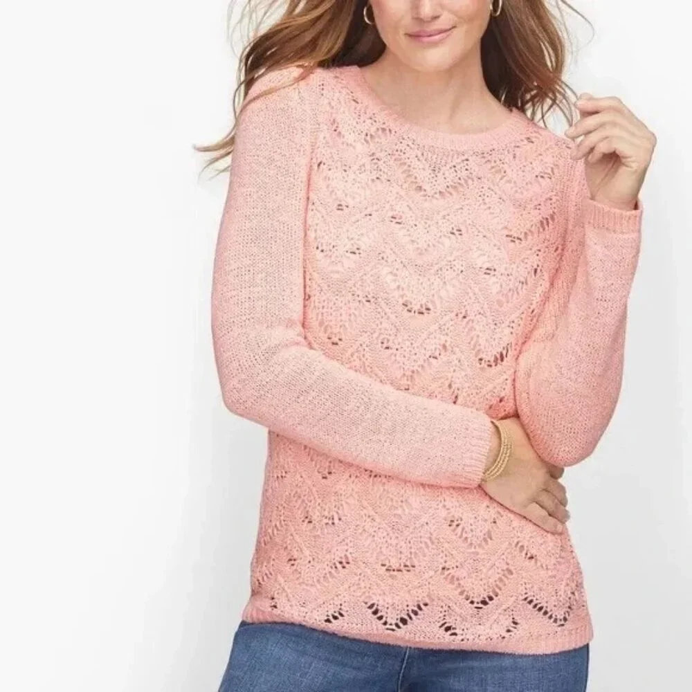 Talbots Scallop Pink Pointelle Crewneck Sweater LP Cotton Blend - Picture 16 of 16